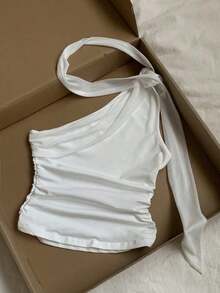 Blusa elegante de un hombro con pliegues negra de verano para mujer - Blanco - Ver 4