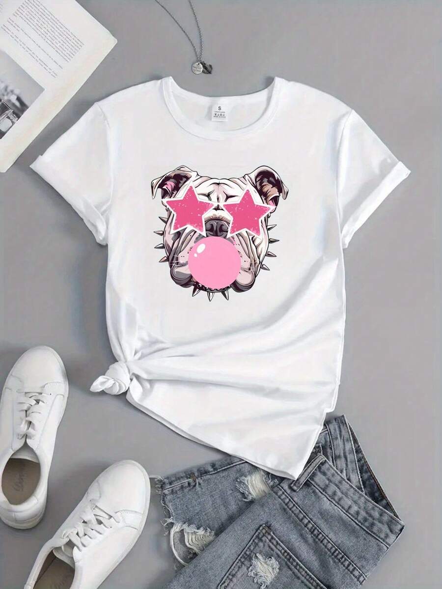 Women's Casual Cotton T-Shirt With Crew Neck And Bulldog Print - High-Elasticity Sports T-Shirt, Geometric Design, Machine Washable, Comfortable And Fitted For All Seasons. | Fun Design | Simple Machine-Washable T-Shirt For Everyday Wear. - 白色 - 查看 1