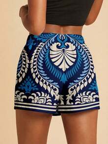 Pantalones Cortos de Playa Estilo Bohemio Casual para Vacaciones con Cintura de Lazo y Volantes para Mujer, Ropa de Otoño para Mujer, Ropa Tropical para Vacaciones, Conjuntos Bohemios, Conjuntos Estilo Ibiza, Estilo Occidental - Multicolor 2 - Ver 2