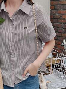 de manga corta con cuello de solapa bordada con lazo, para primavera y verano - Blanco y Negro - Ver 8