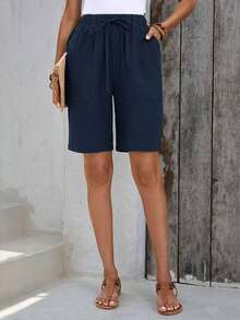 Bermudas, unicolor, con bolsillos laterales, corte holgado, longitud hasta la rodilla, cintura media, estilo básico - Azul marino - Ver 7