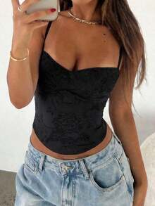 corta de mujer con estampado floral de jacquard, camiseta de tirantes sexy con cordones, top casual de verano, adecuado para uso diario casual y citas, color rosa - Negro - Ver 4