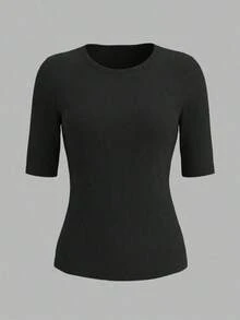 Selamara 3 piezas Camisetas casuales de mujer de unicolor, cuello redondo, manga corta y ajustadas con costillas - Negro - Ver 2
