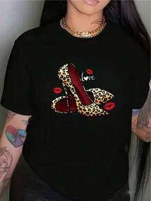 YOCASA Women's Casual Summer T-Shirt, Round Neck, Fitted Short Sleeve, With Oil Painting Print, Floral, Heart, Cherry And Letter Patterns. Simple Casual Fabric, Sporty Style, Ideal For Everyday Wear And Valentine's Day Dates. - 黑色 - 查看 8