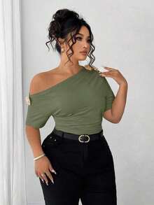 Blusa de talla grande para mujer elegante, personalizada, de moda, versátil, con un solo hombro, adecuada para uso diario - Verde Oliva - Ver 7