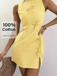 2026 New Release: Bohemian Office Siren Mini Dress - Linen-Cotton Blend Beige Sleeveless Dress With Bowknot Detailing, A-Line Summer Work To Weekend Outfits Summer Dresses For Women Brown Casual - Amarillo - Ver 12