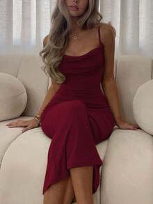 Vestido de mujer de unicolor con escote sexy y espalda descubierta, sexy y elegante, adecuado para fiestas, vacaciones y salidas nocturnas, fiesta de primavera/verano - Burdeos - Ver 1