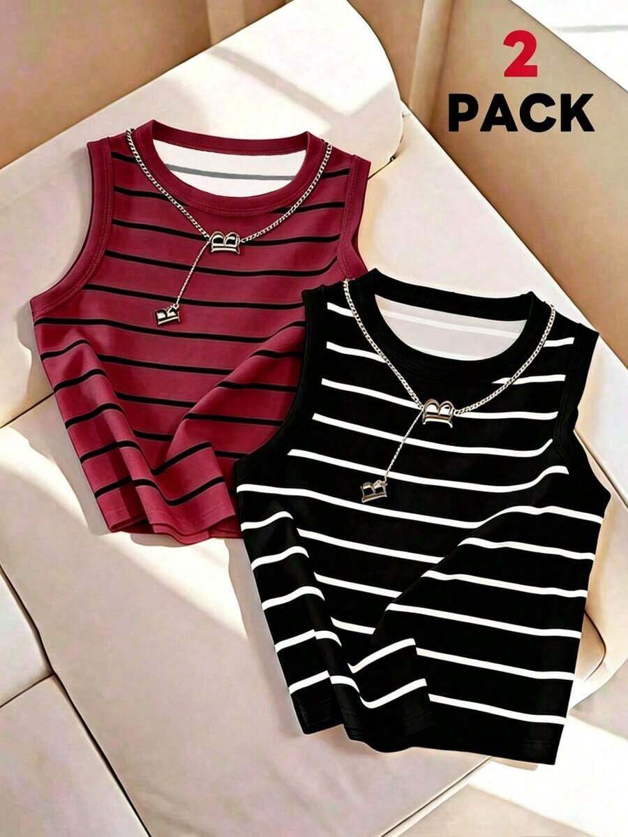 Conjunto de 2 piezas de camiseta de tirantes a rayas negras y blancas para mujer - Multicolor - Ver 1