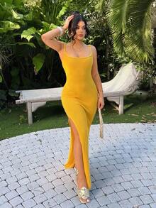 Vestido de verano sin mangas con abertura alta en color amarillo, para mujer y tallas grandes, para vacaciones en la isla, fiestas junto a la piscina, vacaciones en la playa, ropa bohemia para mujer, atuendos para brunch, vestidos sin tirantes, - Amarillo - Ver 6