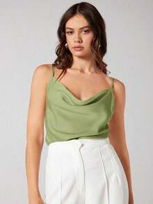 Blusa de satén sin mangas para mujer, romántica y elegante, de color liso con cuello drapeado, adecuada para la oficina y el uso diario - Verde - Ver 8