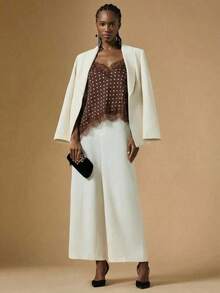 2026 Nuevo Llegado Verano Elegante Blusa de Satén a Lunares para Mujer con Tirantes de Encaje Contrastante y Bajo Asimétrico de Longitud Regular/Blusa Asimétrica de Verano, Blusa de Salida de Verano para Mujer, Vacaciones de Primavera, Blusa Eleg - Café integral - Ver 4