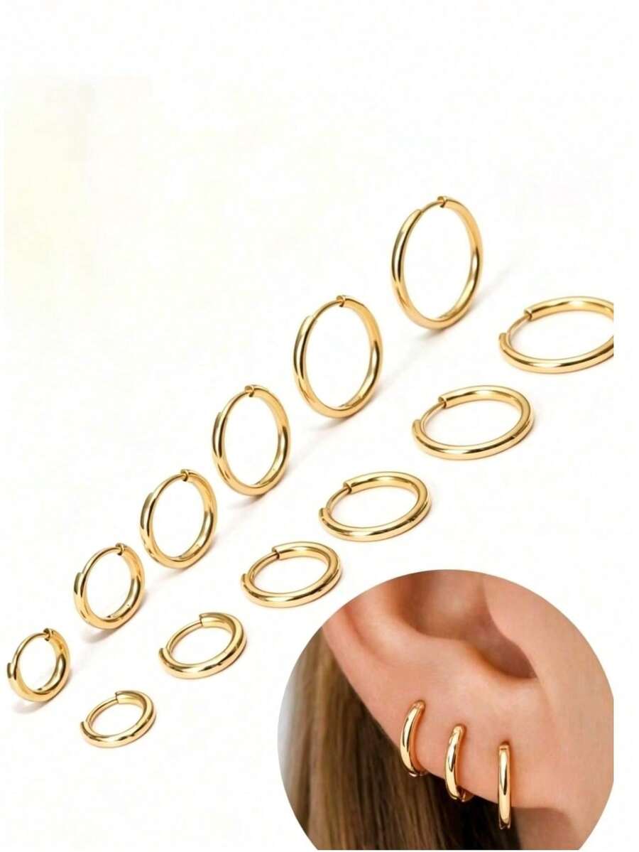 1-6 Pairs Women's Gold Hoop Earrings, 316L Stainless Steel Cubic Zirconia Inlaid Small Hoop Earrings, Unisex Mini Hoop Earrings For Cartilage Piercing, 6mm 8mm 10mm 12mm 14mm 16mm - Yellow Gold - View 1