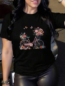 New 2026 1  Floral  Hoja  Mariposa    Casual  Dulce  Sexy  Fiesta  Elegante    Ninguno    Casa  Playa  Noche de fiesta  Vacaciones  Boda  Oficina  Deportivo    verano  Playera de manga corta con estampado de bicicleta, top casual de cuello redondo para primavera y verano, ropa para mujer - Negro - Ver 6