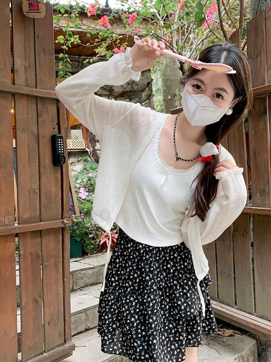 夏季新款白色系带纹理长袖开衫,性感短款抽绳腰防晒针织开衫,优雅休闲少女风百搭通勤海滩派对复古约会婚礼返校氛围针织外套 - 杏色 - 查看 1