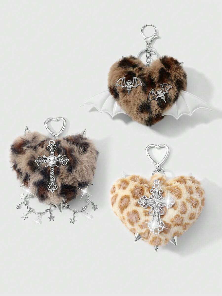 1 pieza Llavero con dije de bolso con patrón de corazón cruzado, remache de strass y degradado de leopardo multicolor retro - Multicolor - Ver 1