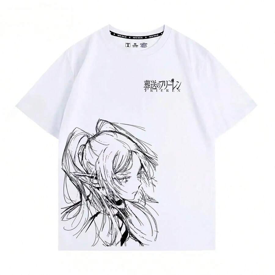 Camiseta de anime Frieren: Beyond Journey's End | Diseño de Arte de Líneas Minimalista en Fondo Negro | Corte holgado unisex | Tallas S-3XL | Ideal para Fanáticos de la Fantasía y Eventos de Anime | Ropa Cómoda y Duradera - Blanco - Ver 1