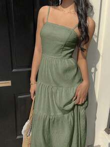 Vestido con escote de tubo plisado de tela texturizada color melocotón claro, con tirantes finos, cintura suelta, estilo relajado para vacaciones - Verde Oliva - Ver 3