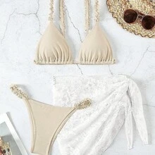 Bikini sexy de tres piezas estilo Ins para mujer, conjunto de traje de baño con tirantes y espalda descubierta. - Beis - Ver 5