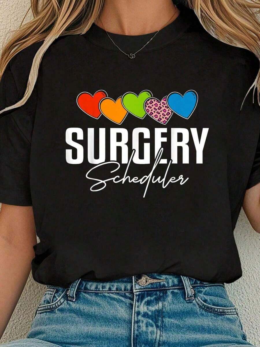 100% Cotton T-Shirt With Heart And Leopard Print, Round Neck, Short Sleeve, Comfortable, For Spring And Summer, Women's Clothing - Black - View 1