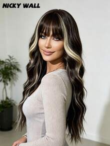 NICKY WALL Perucas sintéticas onduladas com destaques pretos e longos fios dourados claros, com franja, ondas corporais, resistentes ao calor, para uso diário e festas, 66 cm - Destacar preto - Visão 5