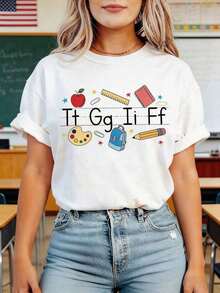 Women's Soft And Stretchy Round Neck T-Shirt, Regular Fit, Short Sleeve, Fun School Theme Print - High Quality - Putih - View 1