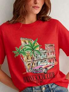 Women Havana Social Club T-Shirt Loose Short Sleeve Vintage Boho Graphic Tees Cute Aesthetic Vacation T Shirt Retro Summer Tops,Women's Graphic Round - 紅色 - 查看 10