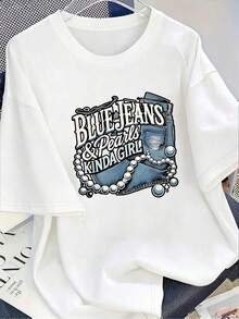 1 Piece Of T-Shirt With Pearl And Blue Jeans Design | Women's Casual T-Shirt, Denim-Inspired Pearl Print, Crew Neck, Short Sleeves, Breathable Fiber, Spring And Summer, 180g 100% Cotton - 白色 - 查看 8