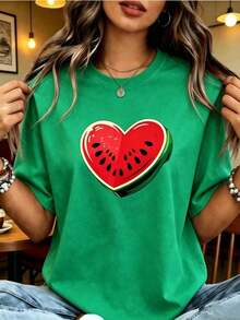 Bajo el Radar |    Playera para Mujer 100% Algodón Transpirable |   Camiseta de Moda de Manga Corta con Estampado de Sandía en Forma de Corazón, Top Casual de Cuello Redondo para Mujeres - Ideal para el Verano-Vintage Street Style Unisex Loose Cotton Short Sleeve Crew Neck T-Shirt - Verde - Ver 1