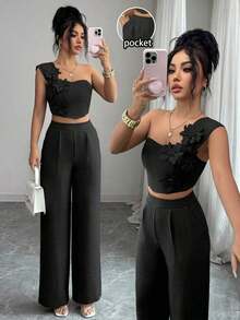 Elegante conjunto de 2 piezas de top sin mangas y pantalones con decoración floral 3D para vacaciones casuales para mujeres - Negro - Ver 7