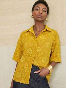 Camisa de manga 7/8 verde oliva, corte minimalista, ajuste holgado, cuello clásico de solapa, cómoda de llevar - Amarillo - Ver 5