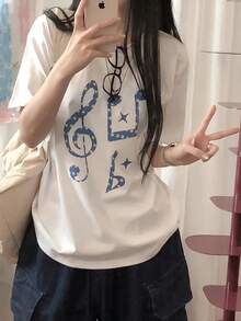 Women's Loose-Fitting Short-Sleeved Custom T-Shirt, Sweet And Modern Casual Style, With Star And Musical Symbol Print, Made Of Pure Cotton Fabric, Suitable For Everyday Summer Wear, Versatile And Casual - Unisex Loose-Fitting Short-Sleeved Cotton T-Shirt With Vintage-Style Round Neck. - 白色 - 查看 4