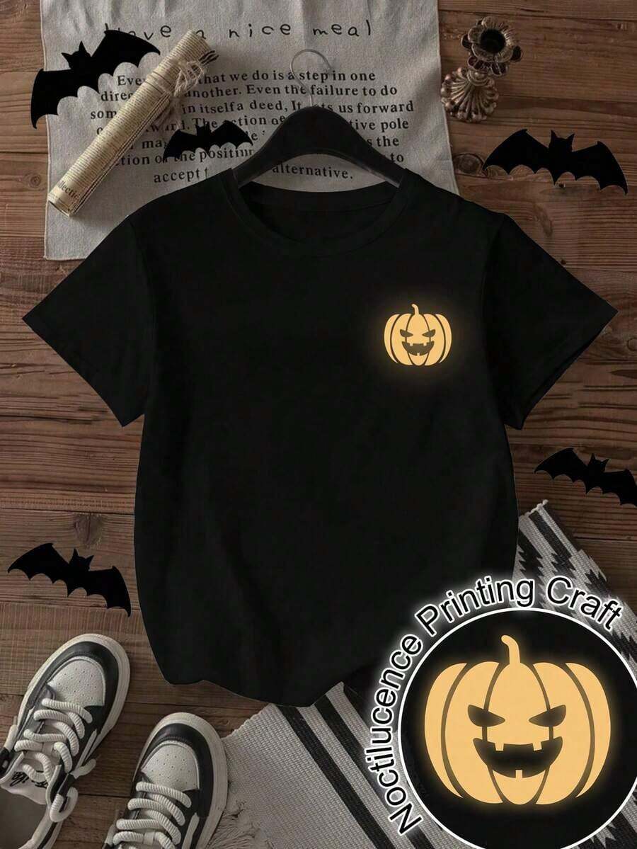 Camiseta de cuello redondo con gráfico de calabaza que brilla en la oscuridad para mujeres en HalloweenPure-Cotton - Negro - Ver 1