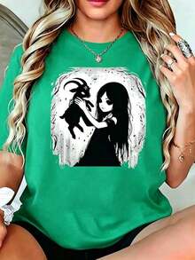 1 Pieza Moda Informal Para Hombres Y Playera de  Suave de Mujer de Corte Holgado, Camiseta Estética Gótica con Gráfico de Cabra y Niña es Misterio del Bosque, Tops de Moda Juvenil y Alternativa, Blusas Hermoso Elegantes, Ropa Urbana de Verano, Camisas Lindas es versátil, fácil de combinar, adecuada para el uso diario, el estilo urbano, conjuntos de vacaciones y ropa de fin de semana. - Verde - Ver 1