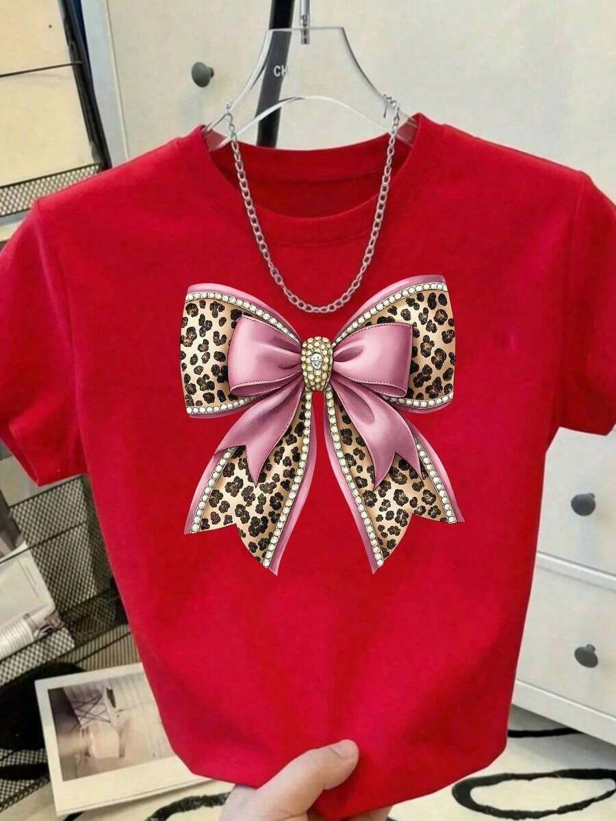 CasualPlayera Blanca para Mujer con Estampado 3D de Moño Grande de Leopardo y Perlas, Camiseta Manga Corta Cuello Redondo de Algodón Suave Estilo Coquette y Glamuroso Moda VeranoMust-have - Rojo - Ver 1