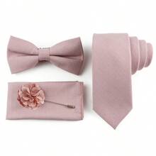 Bộ 4 món dành cho nam giới, làm từ sợi tre mềm mại, bao gồm cà vạt, nơ, khăn cài túi và hoa cài áo, thích hợp cho đám cưới, họp mặt và tiệc tùng. - Hồng - Xem 4