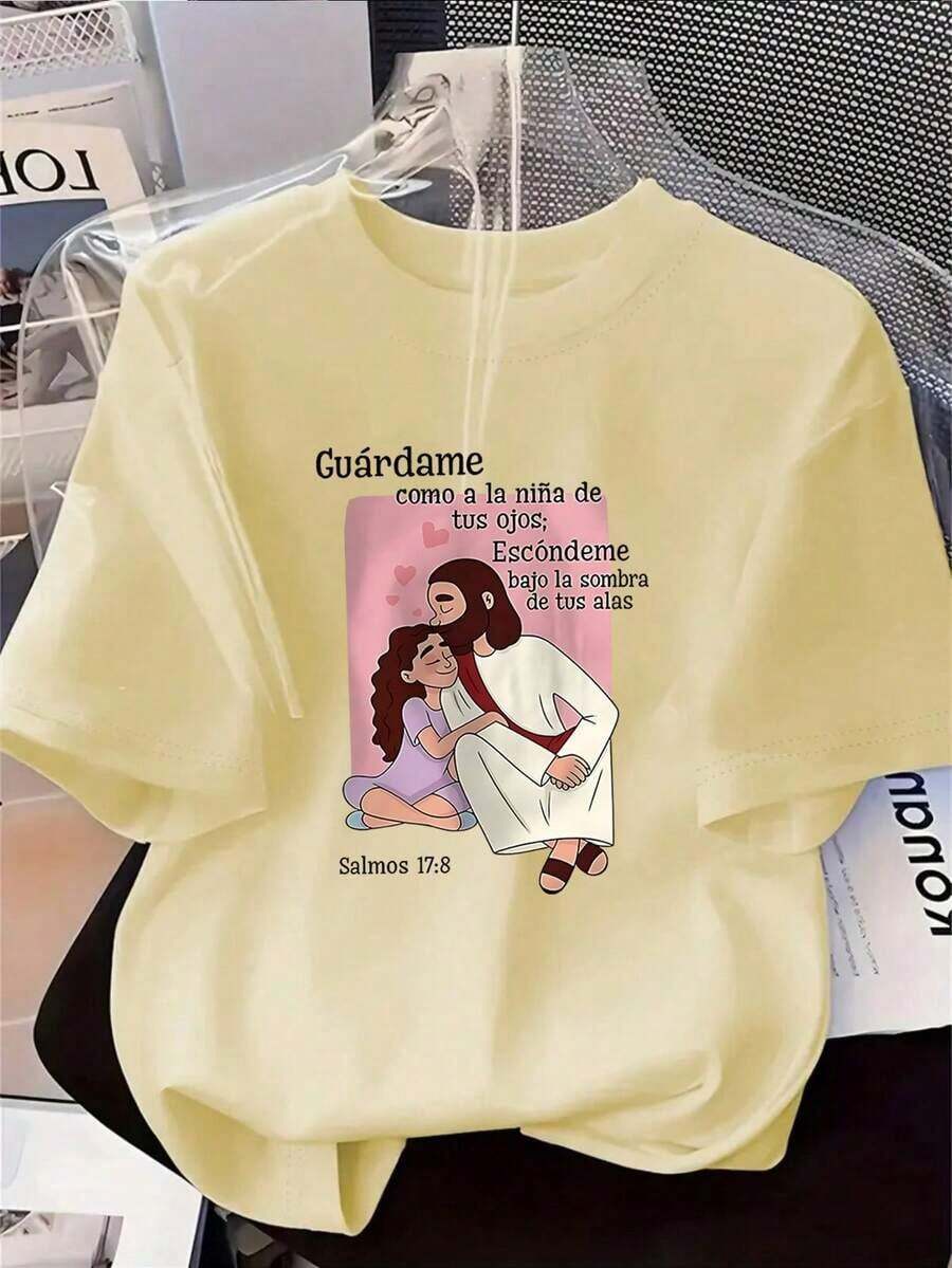 Camiseta de mujer de 1 pieza con estampado de Jesús abrazando, camiseta de manga corta para primavera/verano, el regalo perfecto para las fiestas, top casual cómodo y versátil con elementos de feCamiseta Algodón - Albaricoque - Ver 1