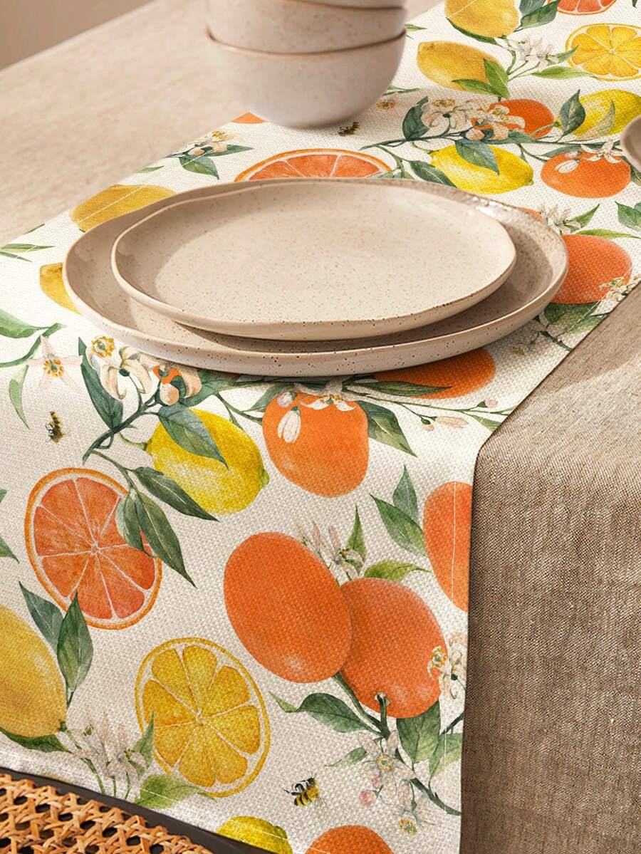 1pc Fruit Pattern Printed Table Runner, 4pcs Fruit Pattern Printed Placemats, Suitable For Holidays, Parties, Birthdays, Dinners, Kitchen & Dining Room Decor, Applicable For All Seasons, Home Textile Decoration - Multicolor - View 1