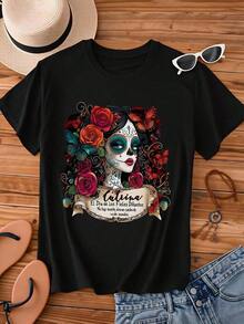 ropa de mujer Camiseta de cuello redondo para mujer, estampado de calavera de azúcar, rosa y mariposa, manga corta, estilo casual, para uso diario y festivales, camisas de mujer - Negro - Ver 2