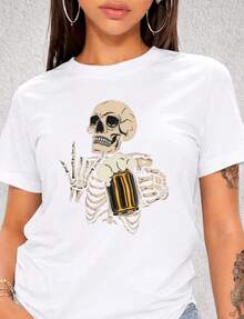 ropa de mujer Camisa de manga corta estilo gótico con estampado de calavera y cerveza, 100% algodón, cuello redondo, corte holgado, atuendo casual, camisas de mujer - Blanco - Ver 1