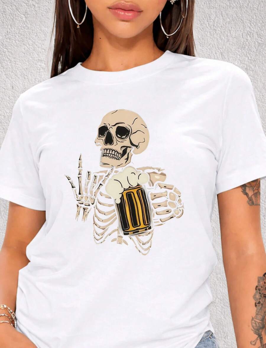 ropa de mujer Camisa de manga corta estilo gótico con estampado de calavera y cerveza, 100% algodón, cuello redondo, corte holgado, atuendo casual, camisas de mujer - Blanco - Ver 1