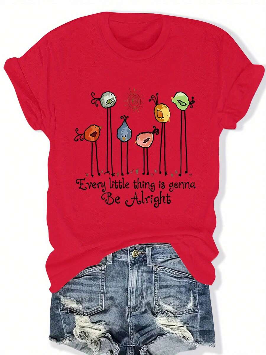 Talla Grande - Talla Grande - Camiseta Casual de Talla Grande para Mujer con Estampado de Pájaros Coloridos en Inglés, Ropa de Mujer para Primavera Verano - Rojo - Ver 1