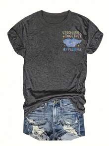 Camiseta de Impresión Gráfica, Manga Corta Cuello Redondo Top Casual para Verano y Primavera, Ropa de Mujer - Gris Oscuro - Ver 3