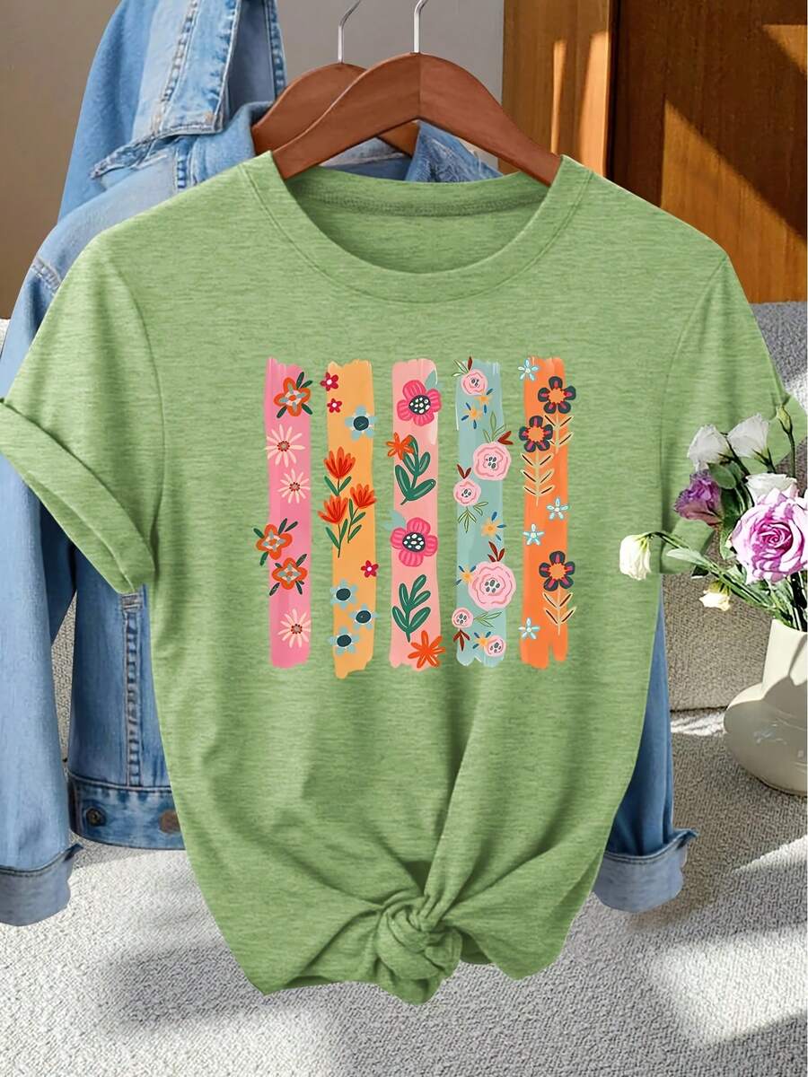 Elegante Camiseta de Fiesta para Mujer con Estampado Floral Colorido, Cuello Redondo y Manga Corta| Elegante y fotogénico, perfecto para primavera/verano/otoño. - Verde hierba - Ver 1