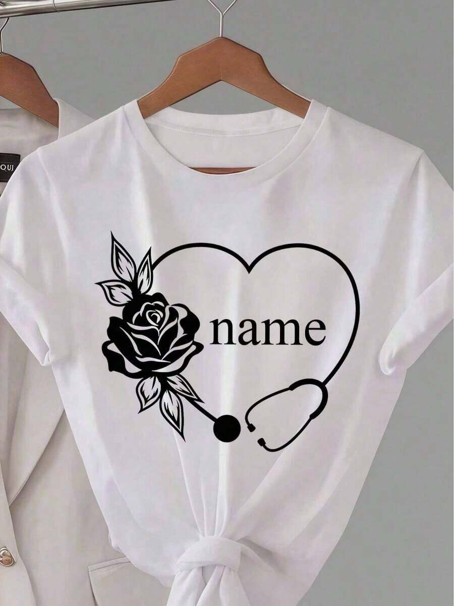 Camiseta Holgada Sencilla Mujer Estilo Moderno Camiseta Personalizada con Nombre, Corazón de Rosa y Estetoscopio | Cuello Redondo de Verano, Tela Ligeramente Elástica, Ideal para Mujeres y Tela Suave Camiseta Mujer Estampado Gráfico Verano 2026 - Blanco - Ver 1