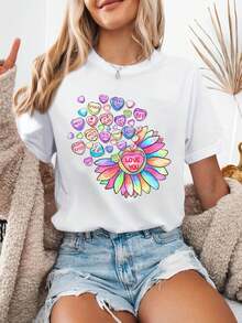 Women's T-Shirt With Heart Print - Short Sleeve, Round Neck, Casual Style, With Heart Design, Machine Washable, Suitable For Casual Wear In Spring And Summer, A Must-Have Item For A Non-Minimalist Wardrobe - Unisex Urban Vintage Style T-Shirt, Loose Fit, Cotton, Short Sleeve And Round Neck. - 白色 - 查看 7