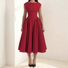 Women's Boat Neck Cap Sleeve Midi Dress, Corset Waist A-Line Flare Dress, Elegant Formal & Bridesmaid Dress - 酒紅色 - 查看 2