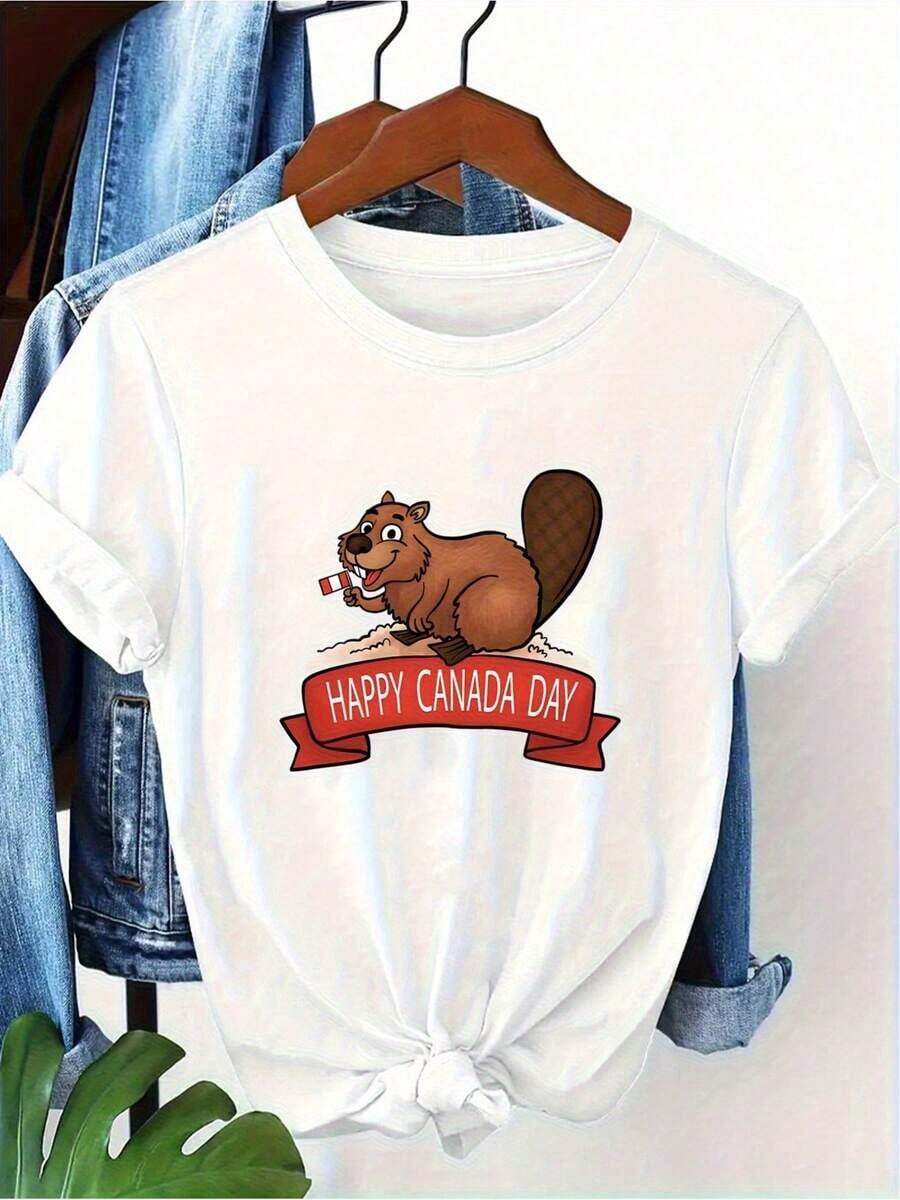 1 camiseta de mujer patriótica para el Día de Canadá - Castor sosteniendo la bandera y FELIZ DÍA DE CANADÁ gráfico, uste casual, manga corta, lavable en máquina, regalo para el Día del Padre, blanco, ropa festiva, diseño juguetón, tejido sin estiramiento 100% algodónConjuntos de Vacaciones de Verano 2026 - Blanco - Ver 1