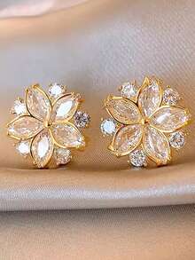 1 Pair Fashionable Luxury Delicate Glass Flower Design Elegant Earrings, Suitable For Parties, Banquets, Gatherings, Suitable For Teenagers - Gold - View 7