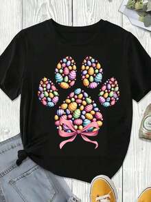 Elegante y casual camiseta de manga corta para mujer, con estampado de huellas de pata de Pascua y diseño de huevo, en color negro, para mujer, ideal para el Festival de Primavera, fiestas y uso casual en primavera y verano. - Negro - Ver 3