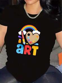 Short-Sleeved Black T-Shirt For Art Lovers, Made Of Durable Polyester Fiber, With A Colorful Rainbow And Paint Palette Design, Perfect For Creative Activities At Home Or In The Studio, Lightweight And Comfortable To Wear. Women's T-Shirt. - 黑色 - 查看 7